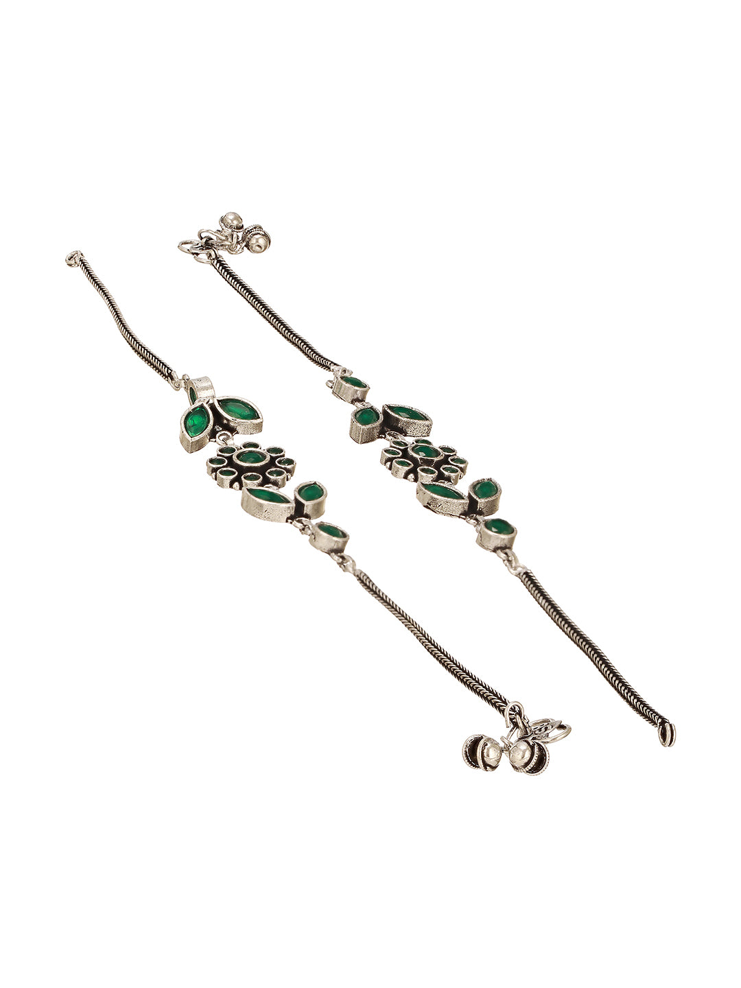 Set of 2 Silver Oxidised Green Stone Studded Trendy Floral Minimal  Bridal Dailywear Anklet Payal