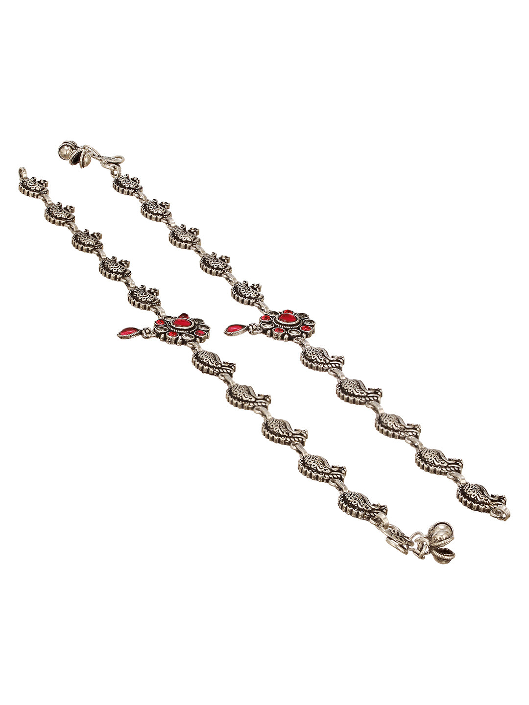 Set of 2 Silver Oxidised Ruby Red Stone  Studded Peacock & Flower Minimal Dailywear Anklet Payal