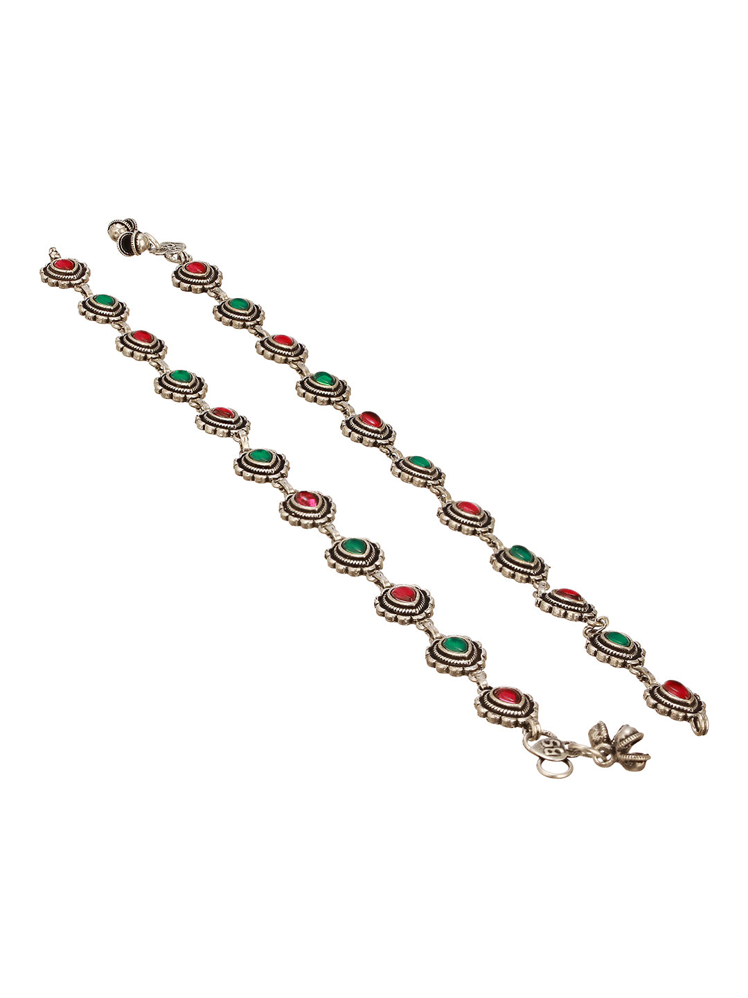 Set of 2 Silver Oxidised Ruby Red & Green  Stone Studded  Minimal  Bridal Dailywear Anklet Payal