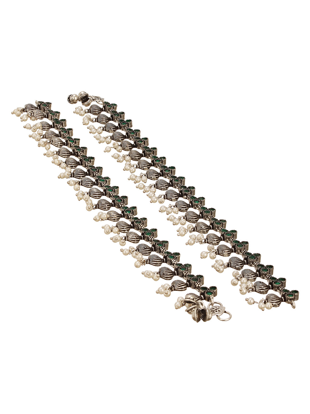 Set of 2 Silver Oxidised Green Stone Studded  Flower Minimal Dailywear Anklet Payal