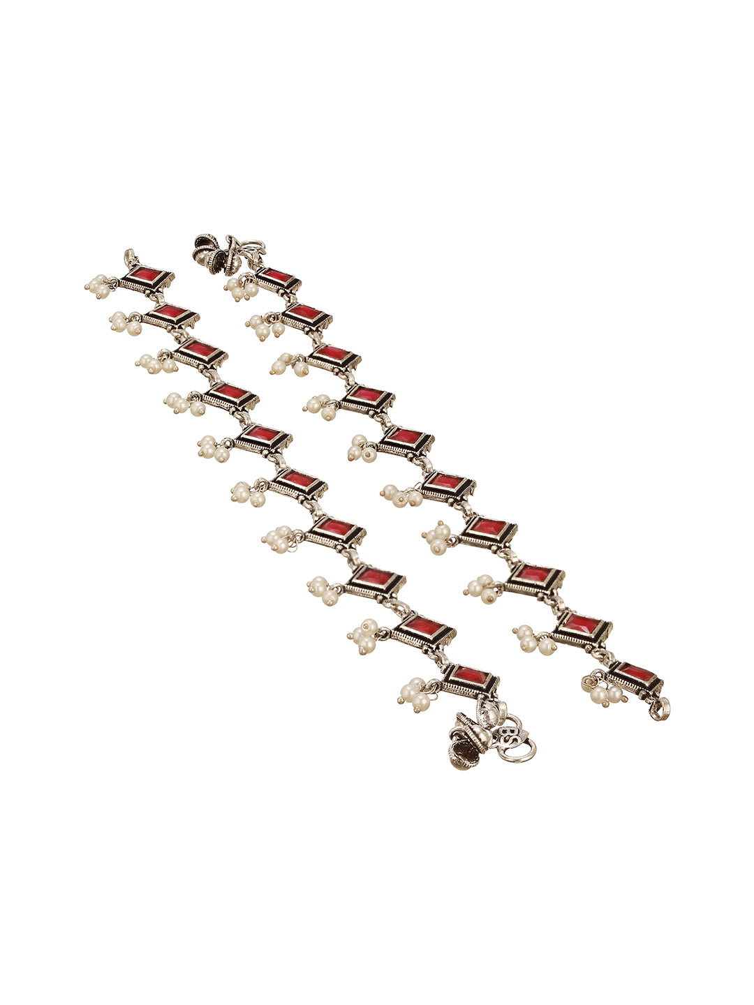 Set of 2 Silver Oxidised Ruby Red Stone Studded  Minimal Dailywear Anklet Payal