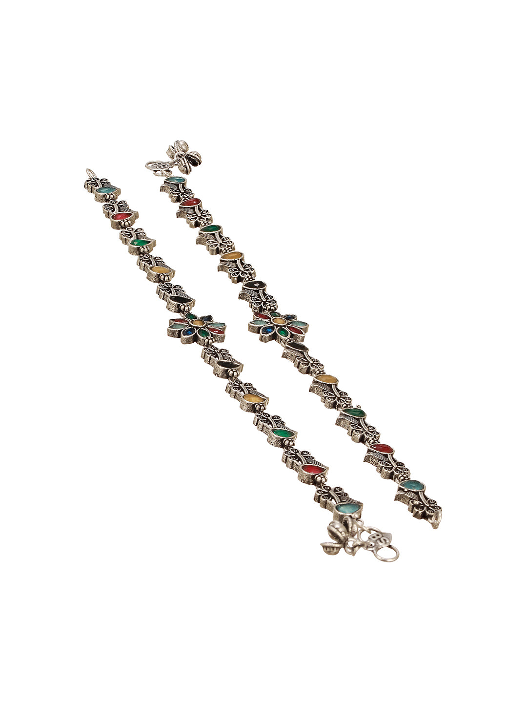 Set of 2 Silver Oxidised Multi Colored Stone Studded Peacock & Flower Minimal Dailywear Anklet Payal