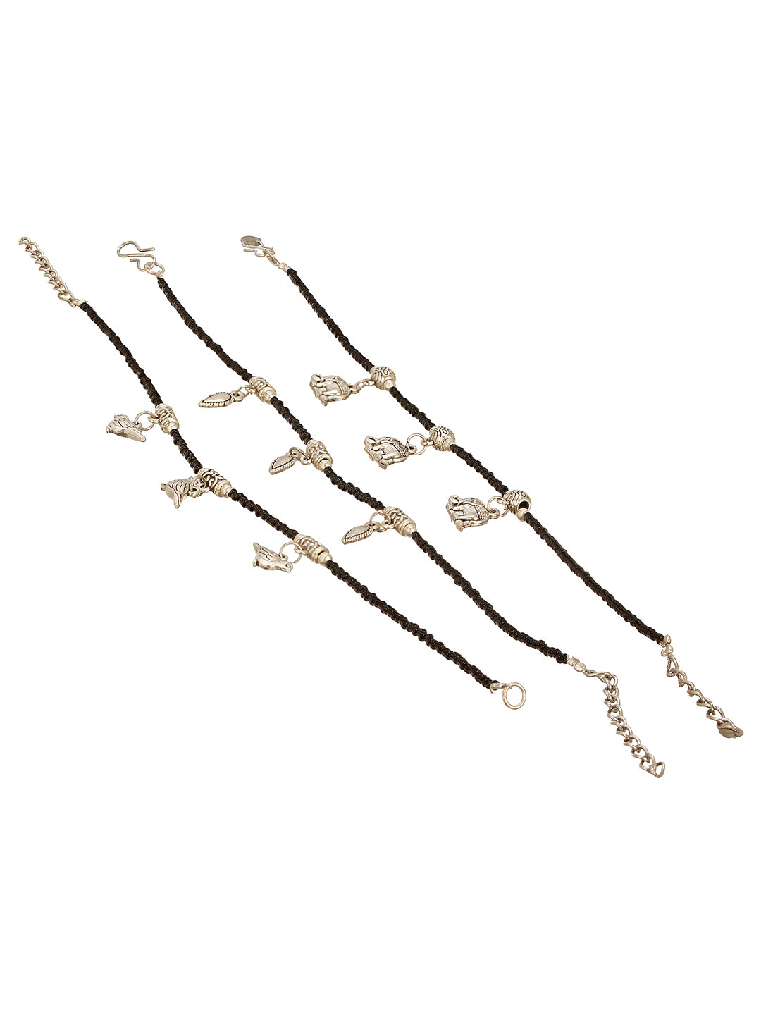 Combo of 3 Black Beads Minimal Thread Bird Elephant leaf Motif Anklet Payal