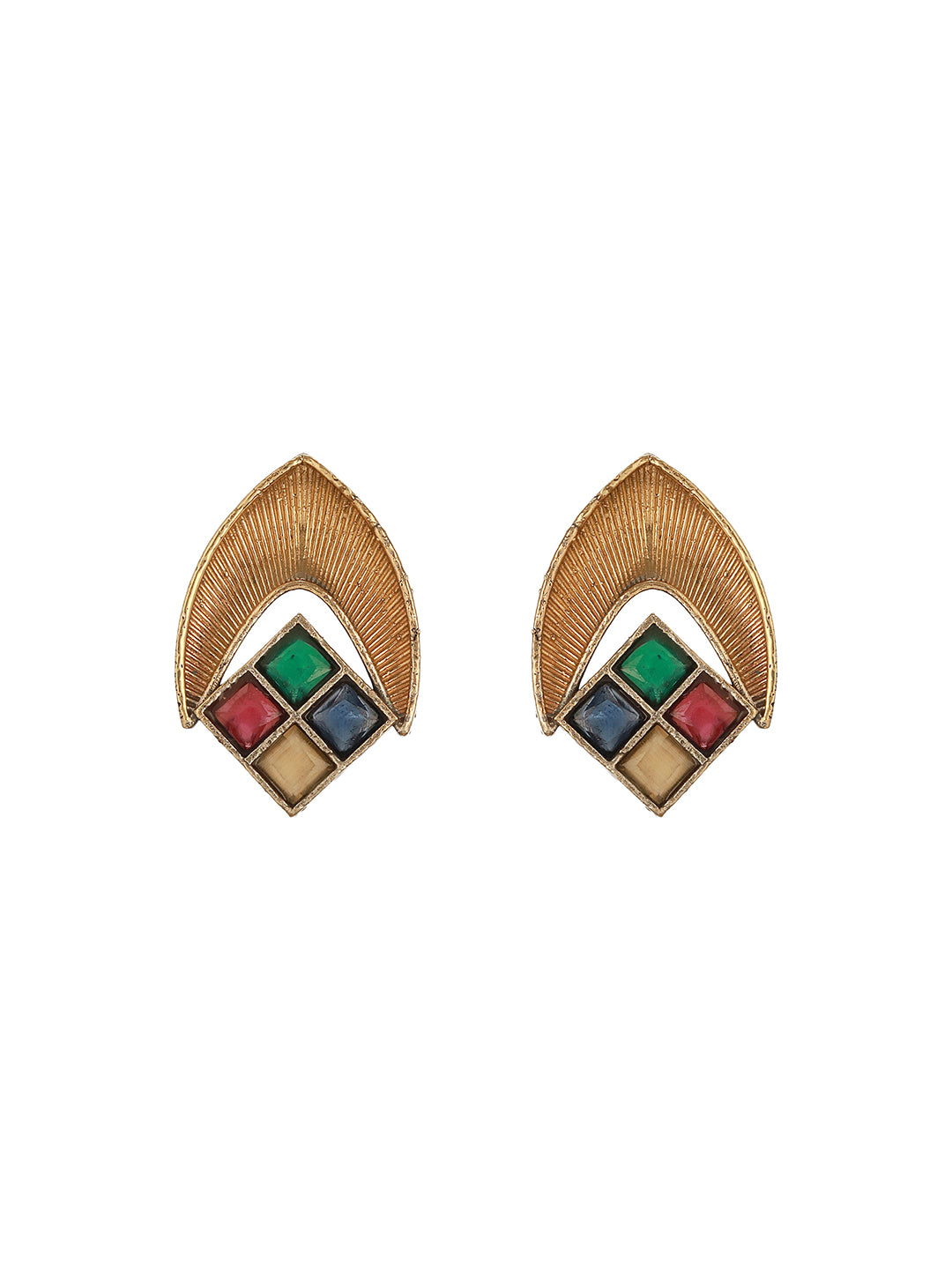 Oxidised Matt Gold Plated Multicolored Stone Studded Contemporary Minimal Studds Earrings