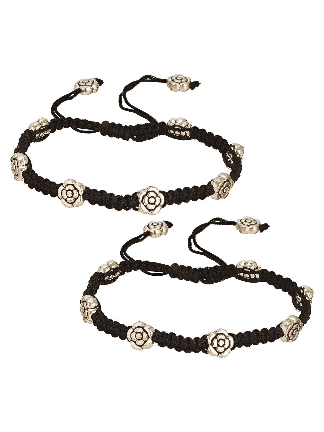 Set of 2 Silver Oxidised Stone Studded Flower Design Minimal Dailywear Anklet Payal