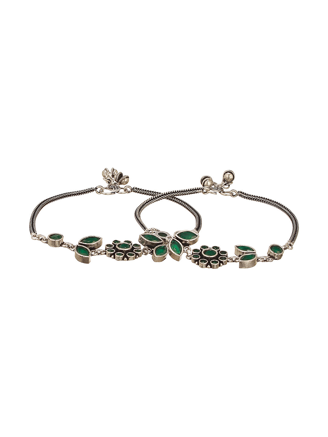 Set of 2 Silver Oxidised Green Stone Studded Trendy Floral Minimal  Bridal Dailywear Anklet Payal