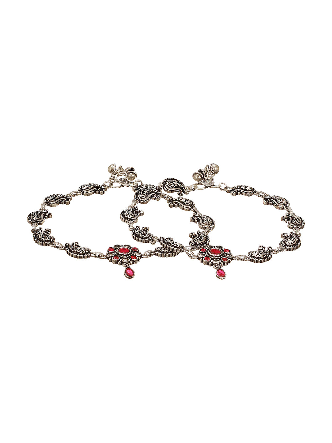 Set of 2 Silver Oxidised Ruby Red Stone  Studded Peacock & Flower Minimal Dailywear Anklet Payal