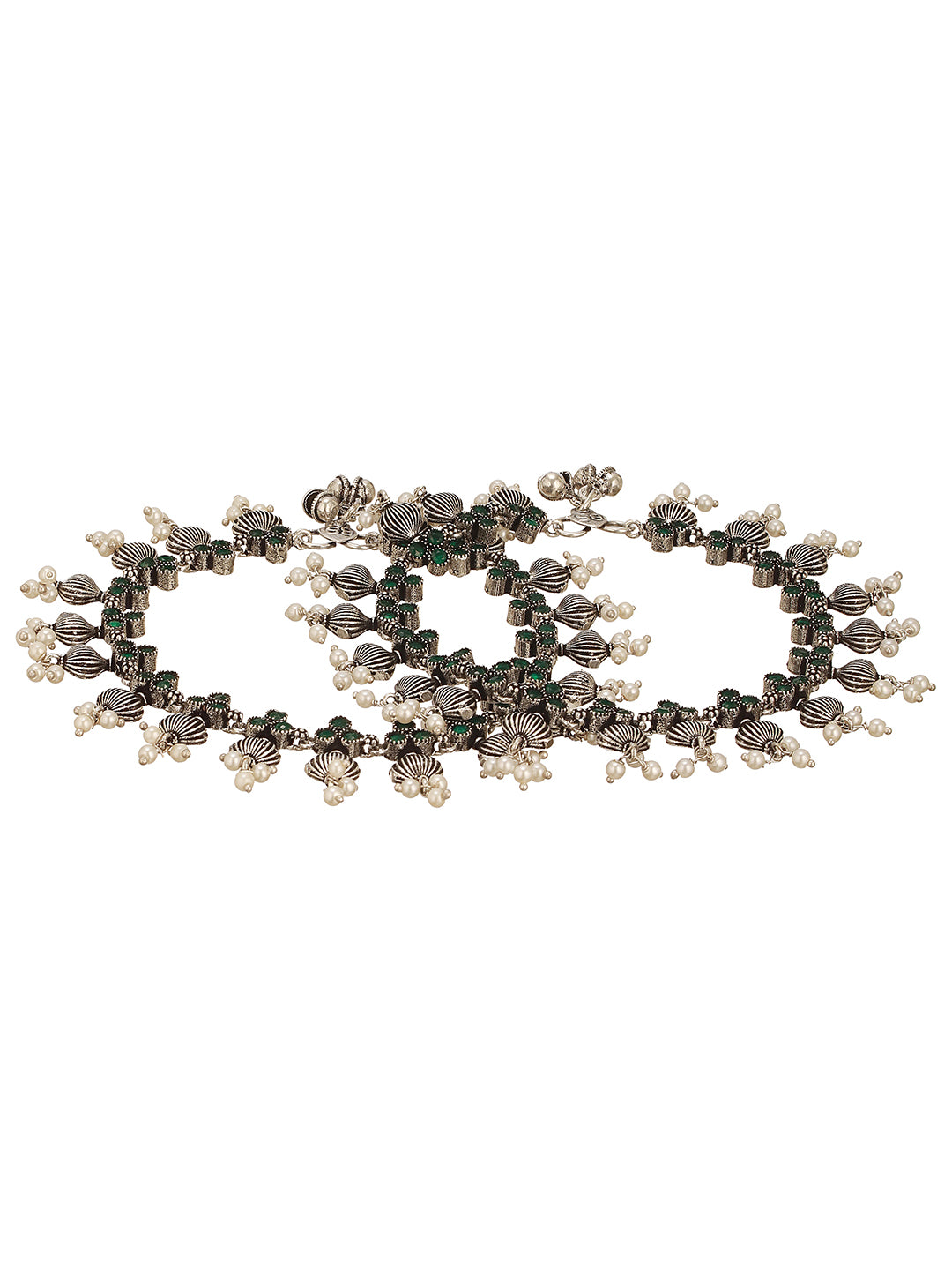 Set of 2 Silver Oxidised Green Stone Studded  Flower Minimal Dailywear Anklet Payal