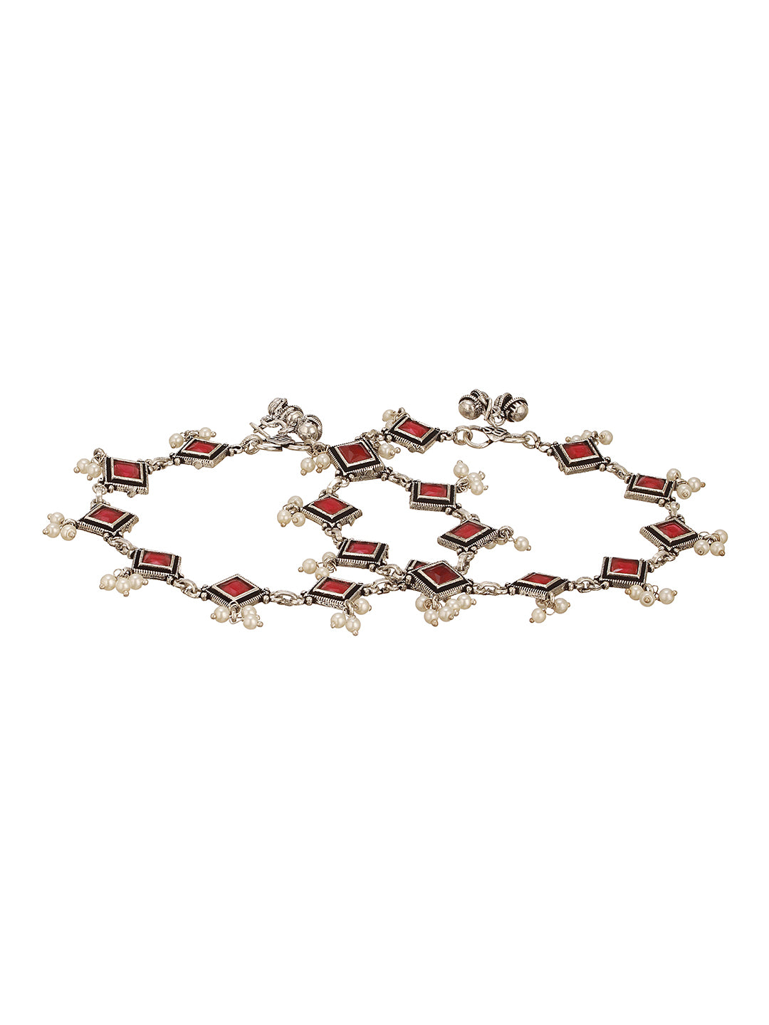 Set of 2 Silver Oxidised Ruby Red Stone Studded  Minimal Dailywear Anklet Payal