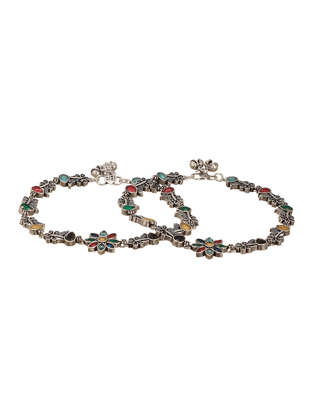 Set of 2 Silver Oxidised Multi Colored Stone Studded Peacock & Flower Minimal Dailywear Anklet Payal