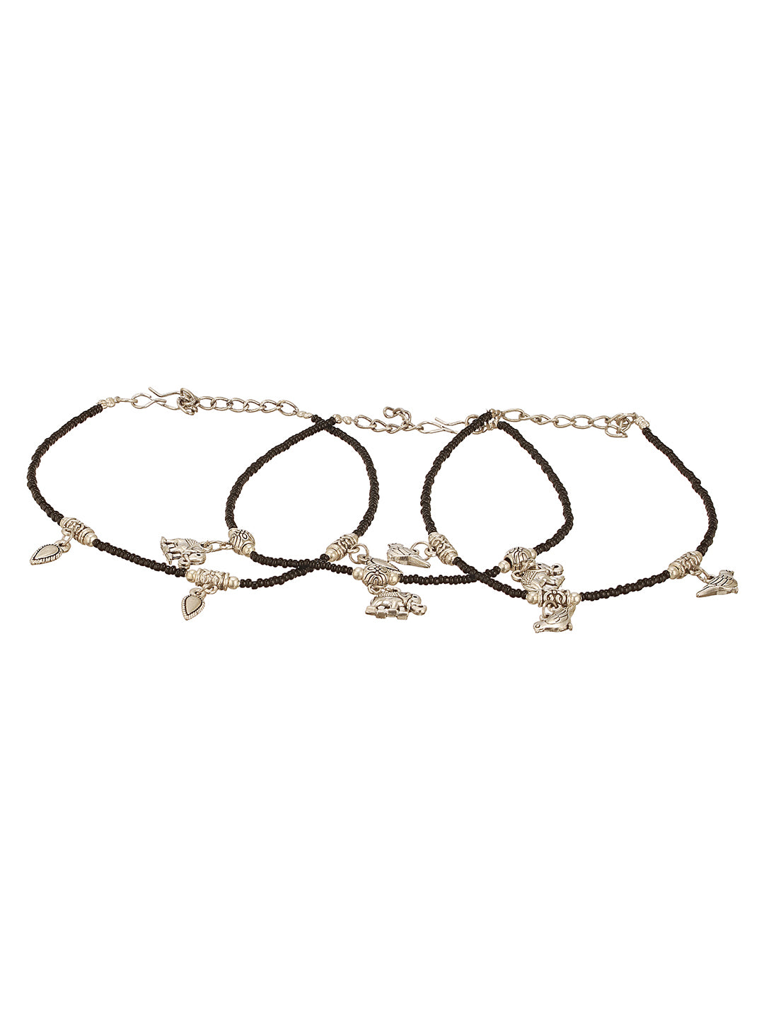 Combo of 3 Black Beads Minimal Thread Bird Elephant leaf Motif Anklet Payal
