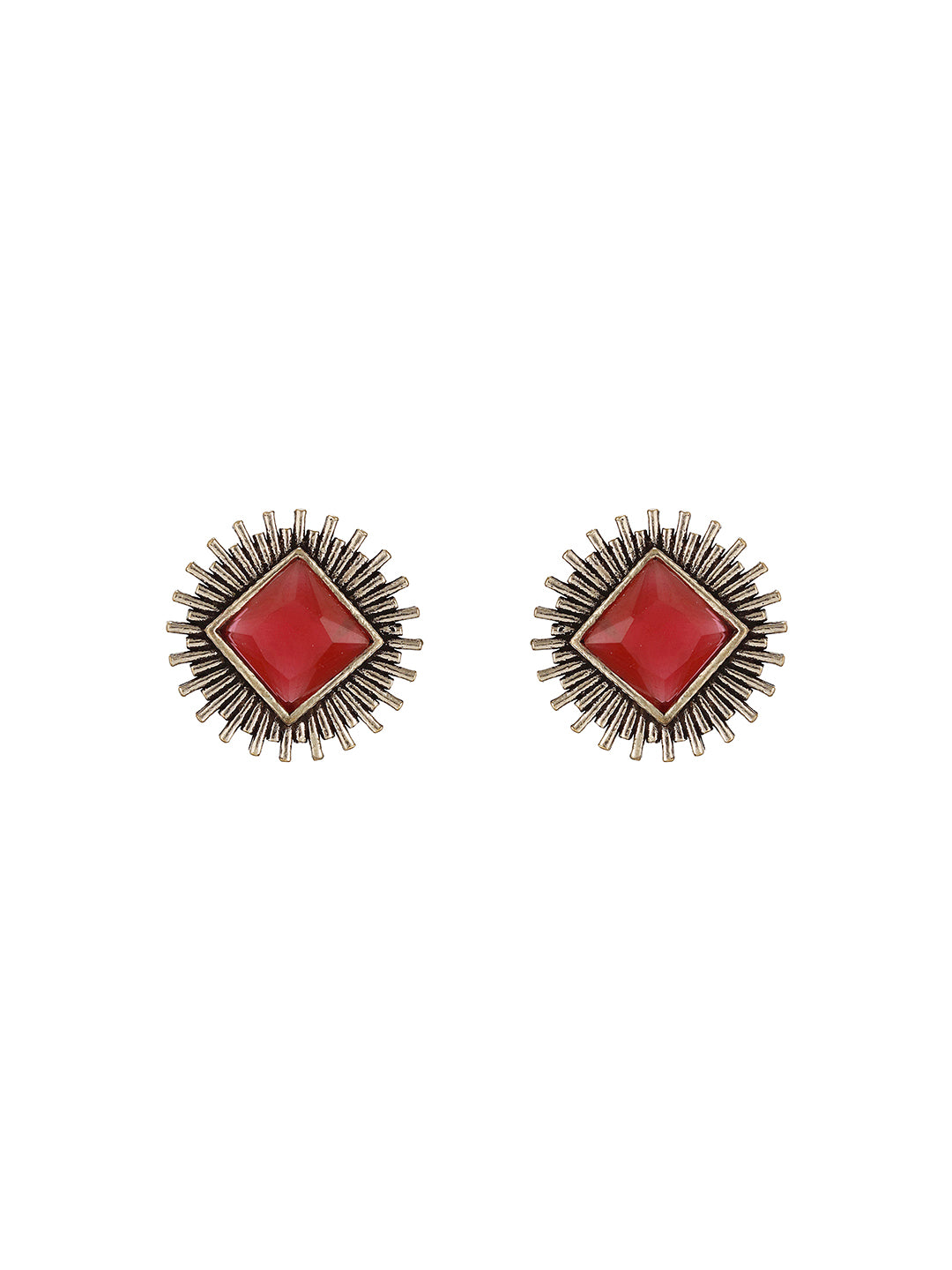 Oxidised Silver Toned Ruby Red  Stone Studded Geometric Square Shaped Minimal Studds Earrings