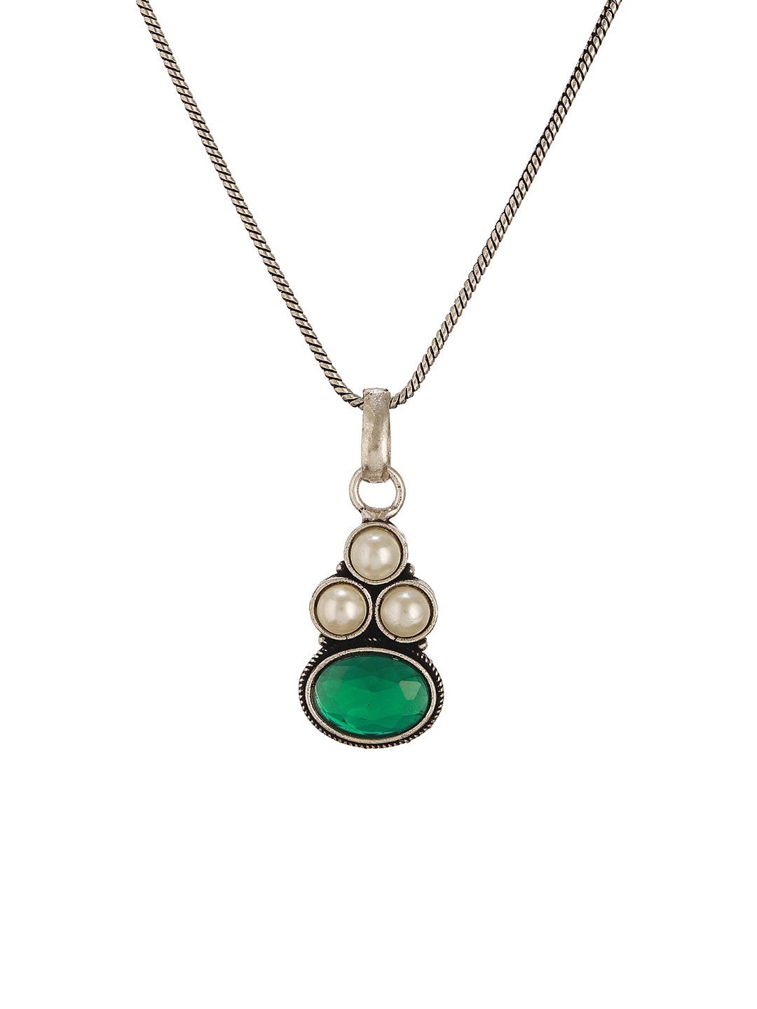Oxidised Silver Toned Emerald Green Stone & Pearl Beaded Minimal Pendant Chain Jewellery Set