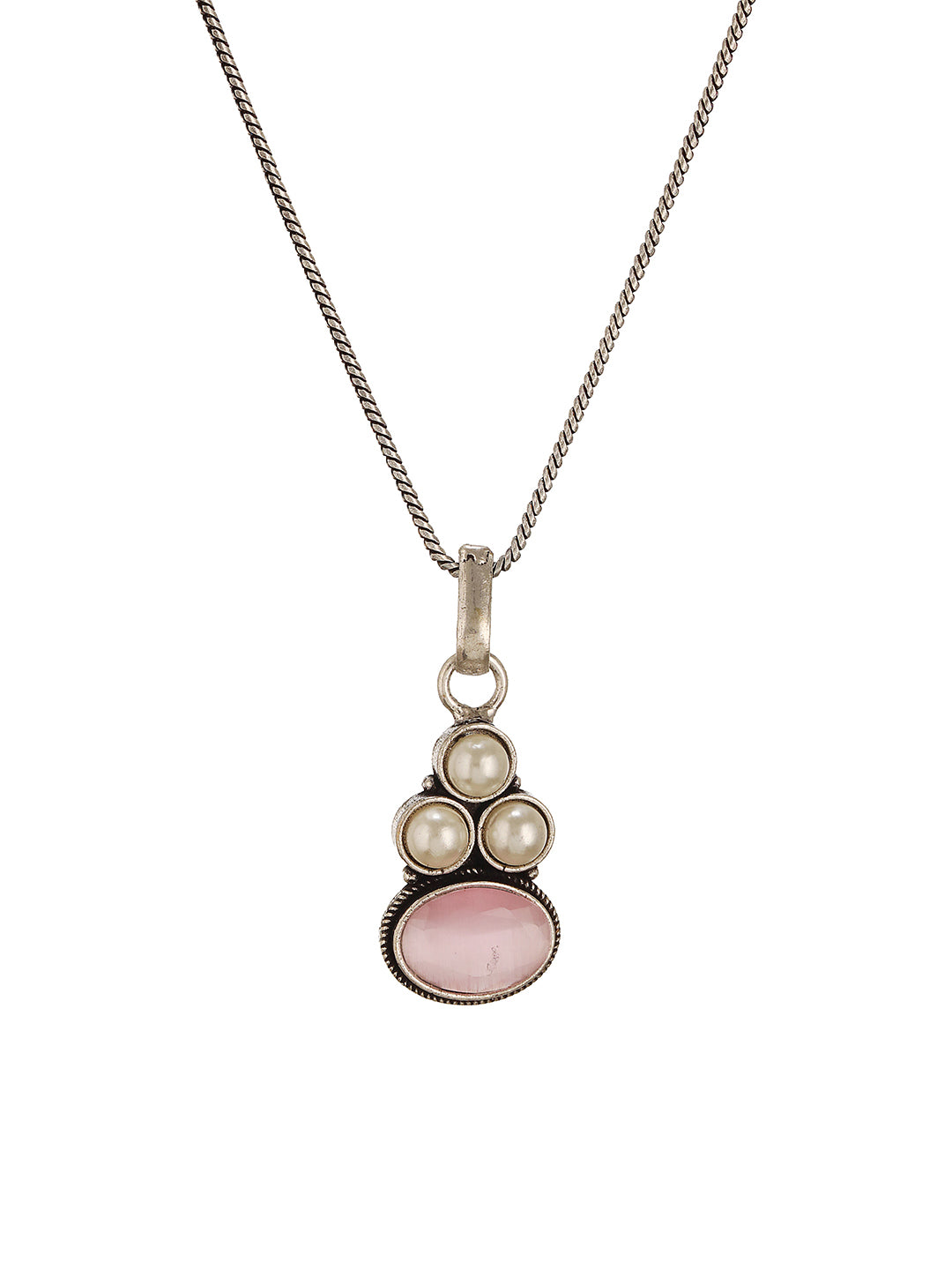 Oxidised Silver Toned Pink  Stone & Pearl Beaded Minimal Pendant Chain Jewellery Set