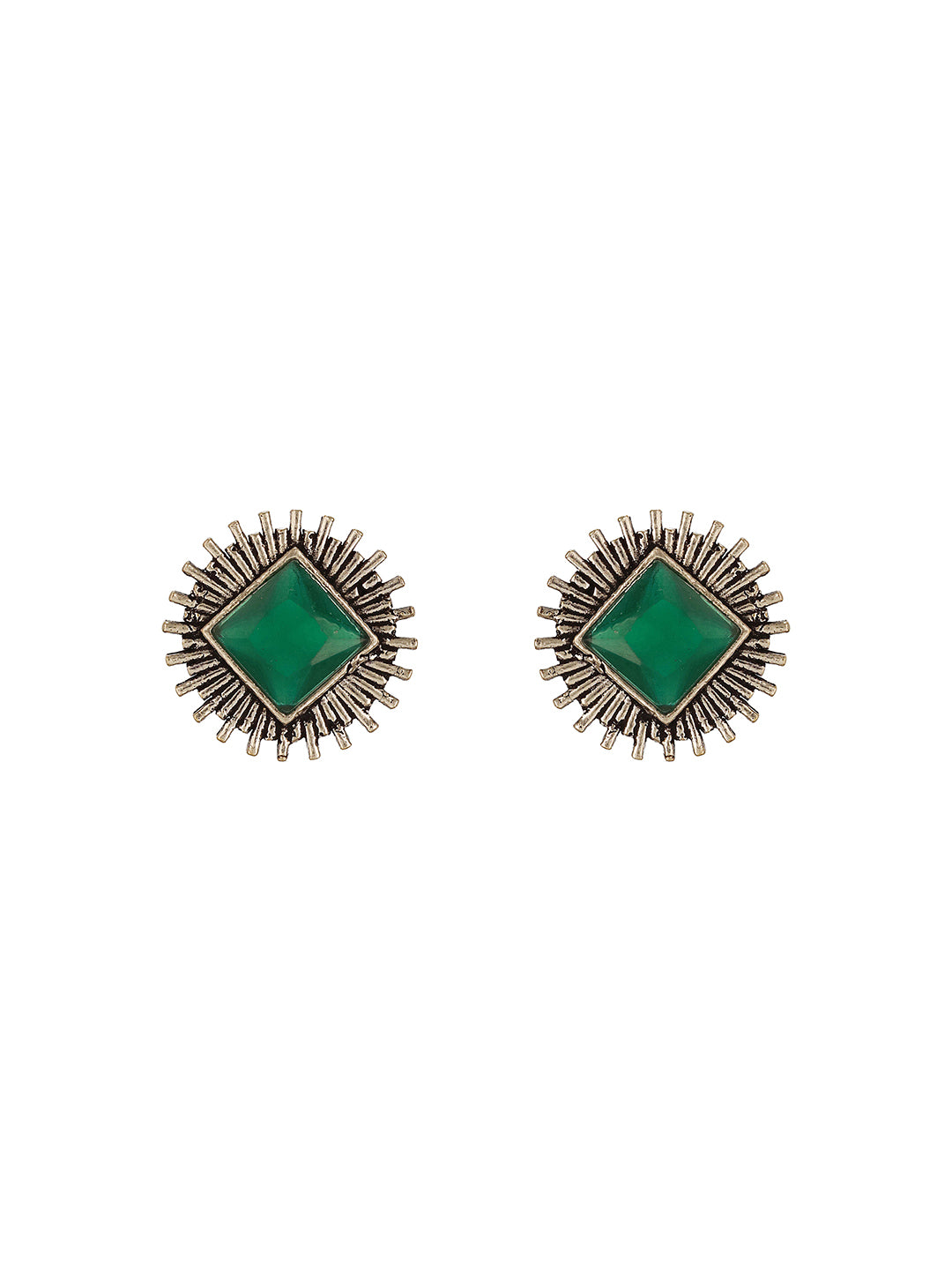 Oxidised Silver Toned  Emerald Green  Stone Studded Geometric Square Shaped Minimal Studds Earrings