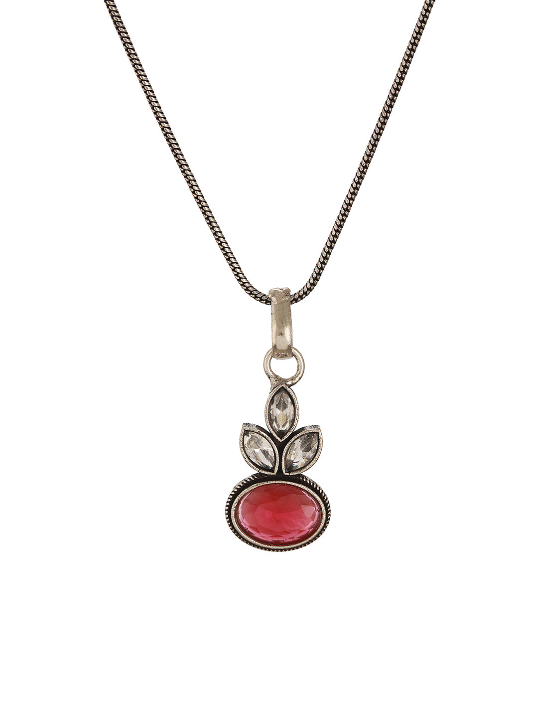 Oxidised Silver Toned Ruby Red  & White Stone Studded Floral Minimal Pendant Chain Jewellery Set