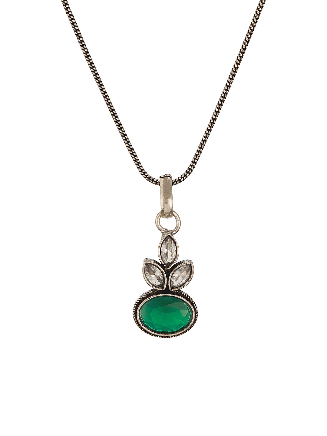 Oxidised Silver Toned  Emerald Green & white Stone Studded Floral Minimal Pendant Chain Jewellery Set