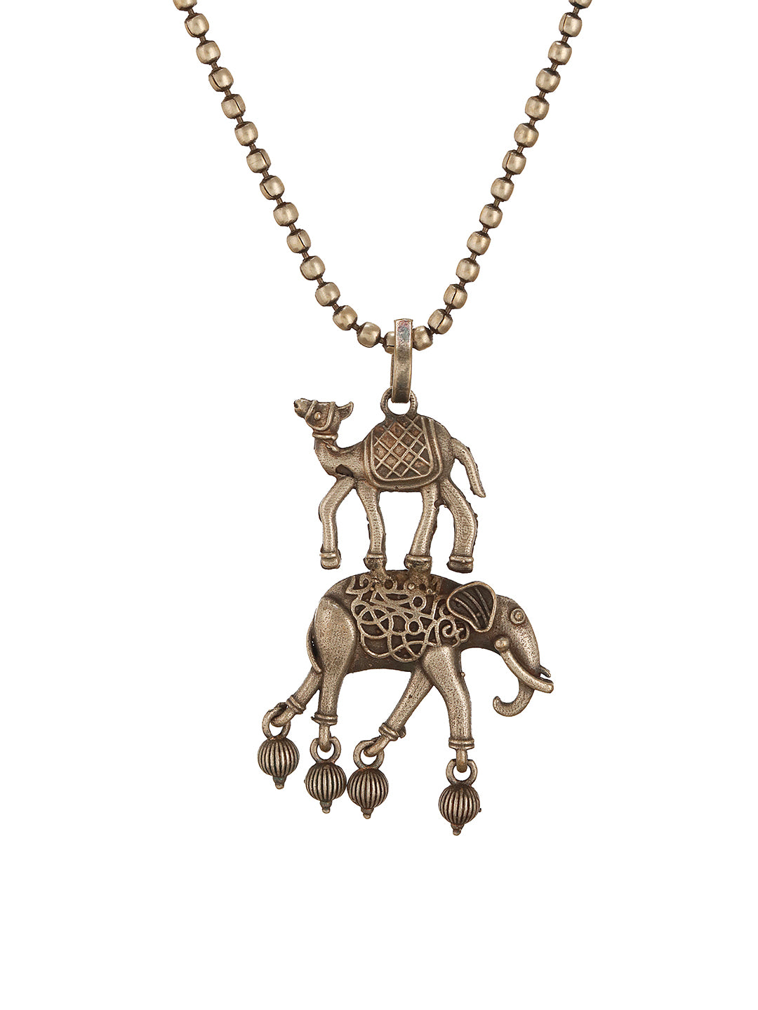 Oxidised Silver Toned Statement Tribal  Minimal Camel & elephant Motif Funky Pendant  Chain Jewellery Set