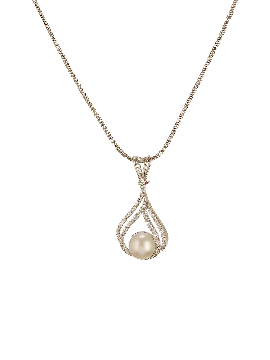 Silver Plated AD & Pearl Beaded Minimal  Delicate  Pendant With Chain Jewellery Set