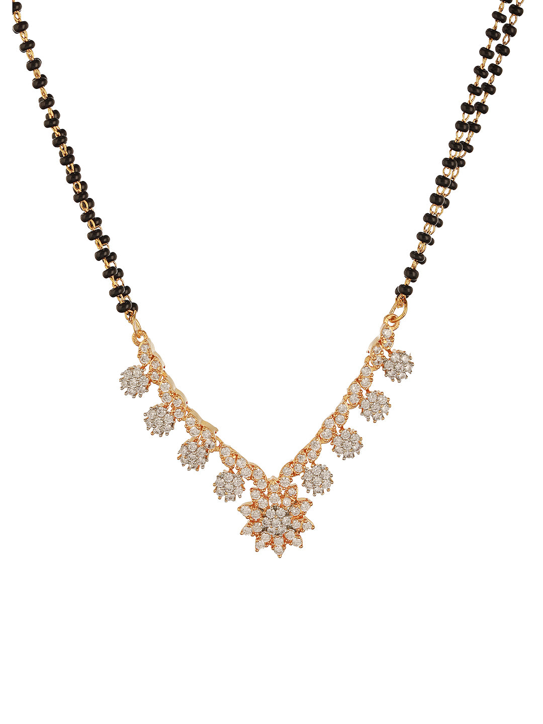 Gold Toned AD Studded Black Beads Studded  Designer Floral  Mangalsutra Jewellery Set