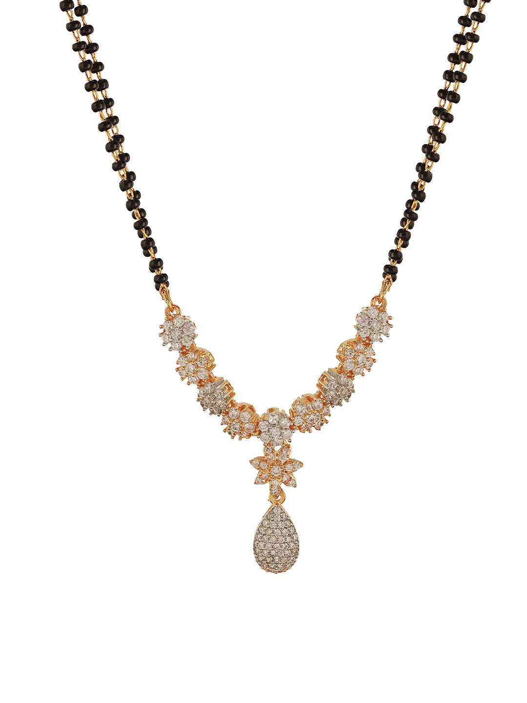 Gold Toned AD Studded Black Beads Studded  Designer Solitaire Type Mangalsutra Jewellery Set