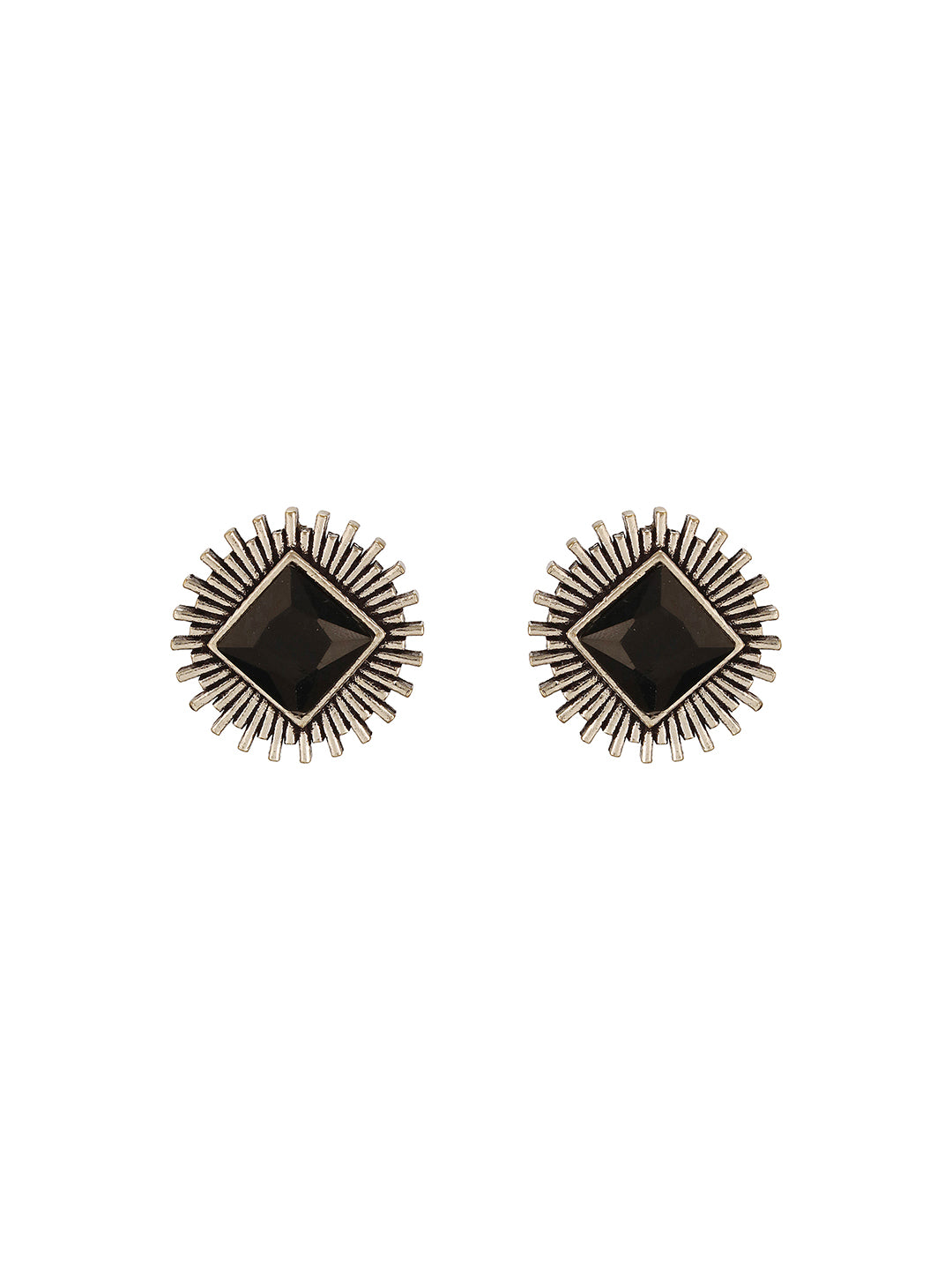 Oxidised Silver Toned  Black Stone Studded Geometric Square Shaped Minimal Studds Earrings