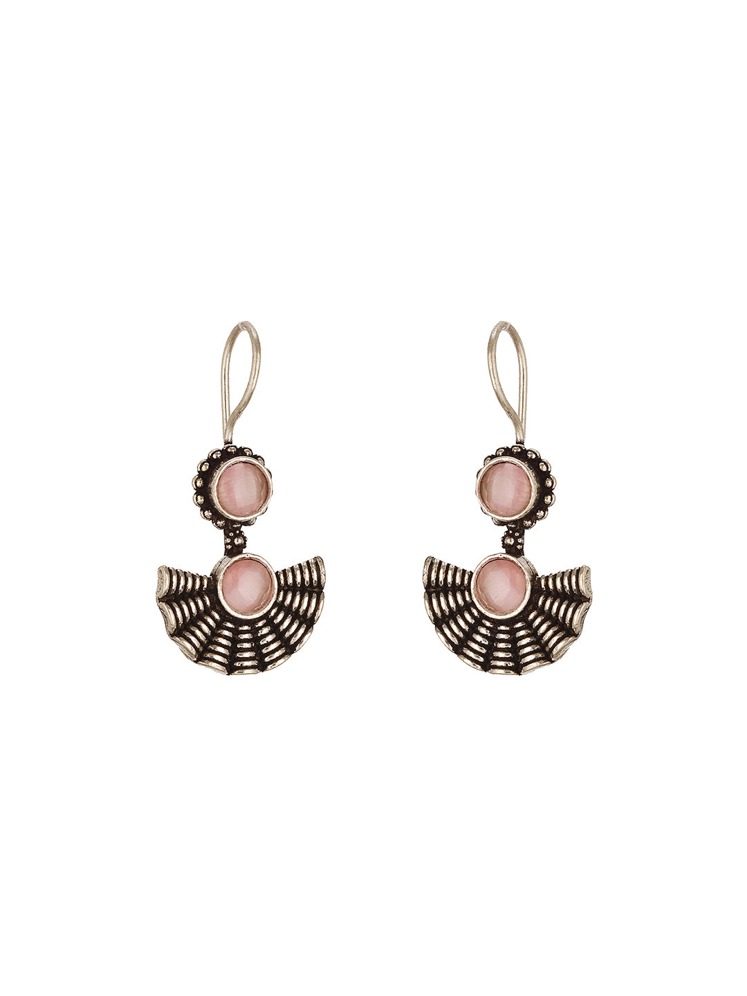 Oxidised Silver Plated Pink  Stone Studded Minimal Fan Shaped Fishhook Earrings