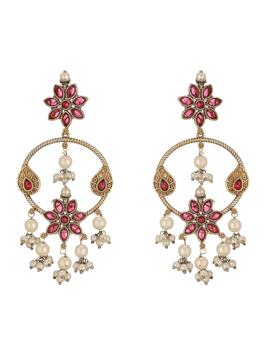 Antique Gold-Toned Pink Stones With Pearl Drop  Floral Hoop Contemporary  Earrings