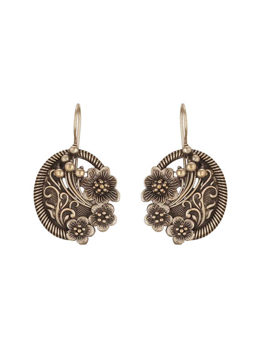 Oxidised Silver Toned Floral Design Minimal Fishhook Drop Earrings