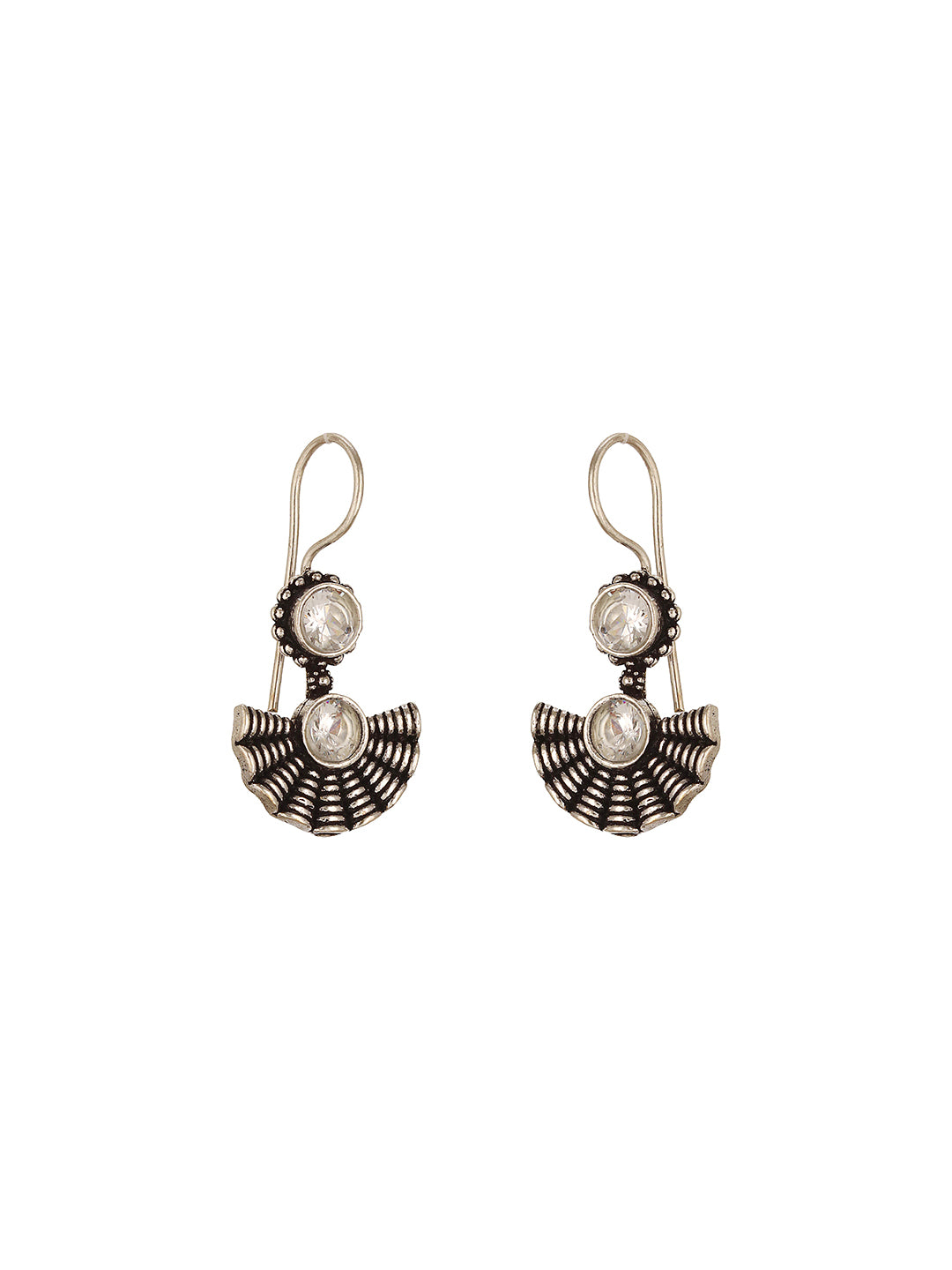 Oxidised Silver Plated White Stone Studded Minimal Fan Shaped Fishhook Earrings