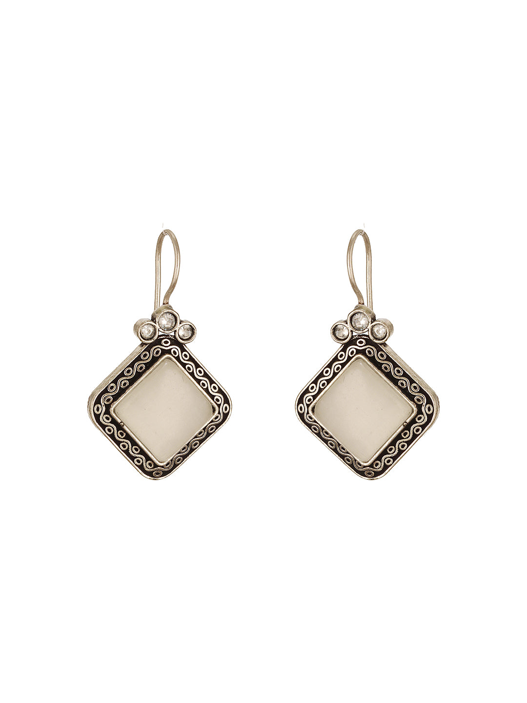 Silver Oxidised  Plated White Stone Studded Square Minimal Fish Hook Earrings