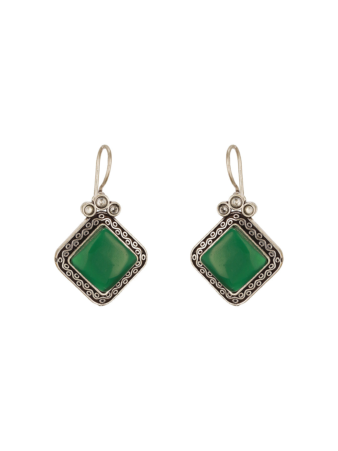 Silver  Oxidised Plated Green  Stone Studded Square Minimal Fish Hook Earrings
