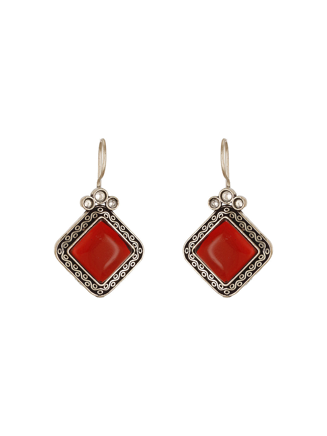Oxidised Silver Plated Red  Stone Studded Square Minimal Fish Hook Earrings