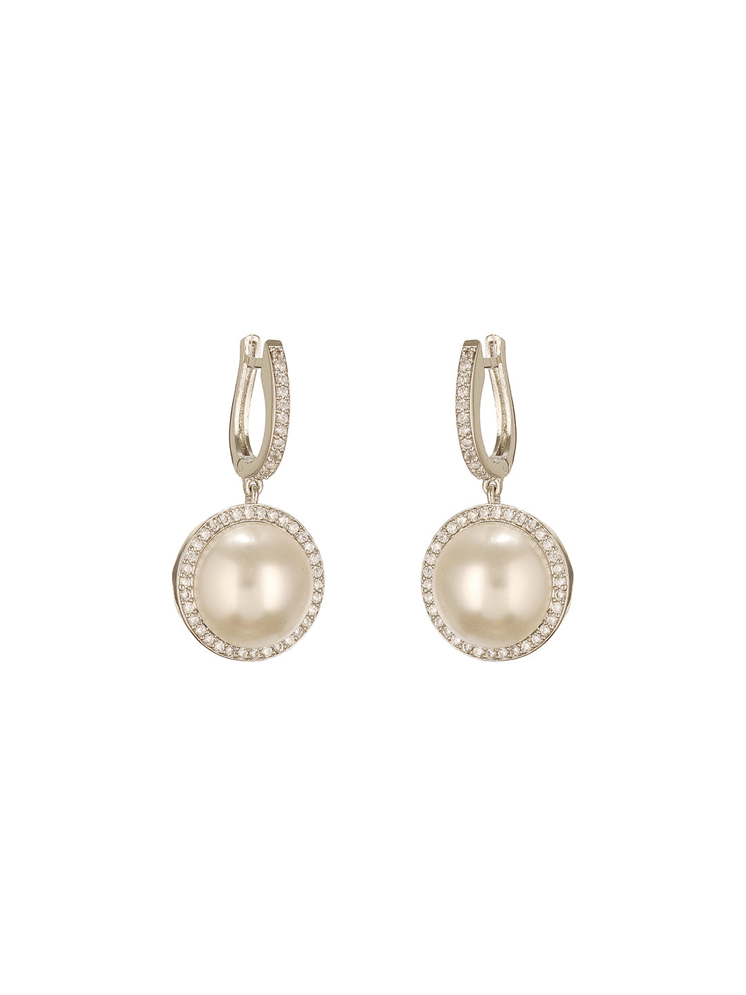 Silver Plated AD  Studded Circular Pearl  Drop Minimal Bali dangler Earrings