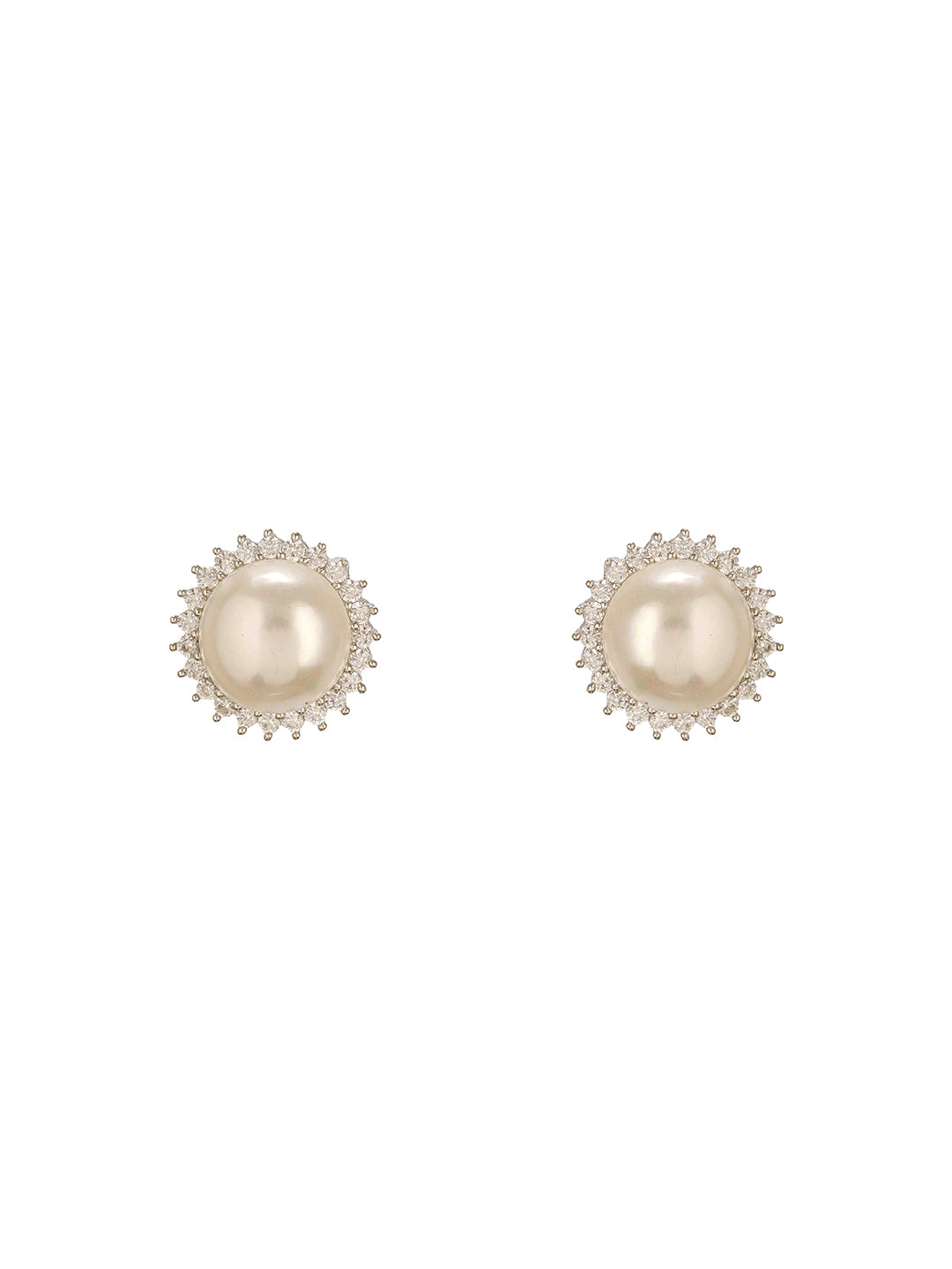 White Rhodium AD & Pearl Studded  Classic Minimal Solitaire Studds Earrings
