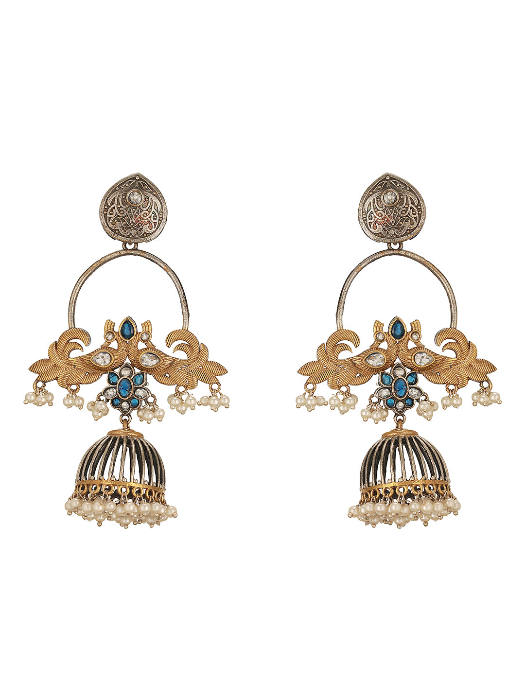 Oxidised Dual Toned Pearl Beaded Floral Peacock  Design Contemporary  Hoop Jhumka Earrings