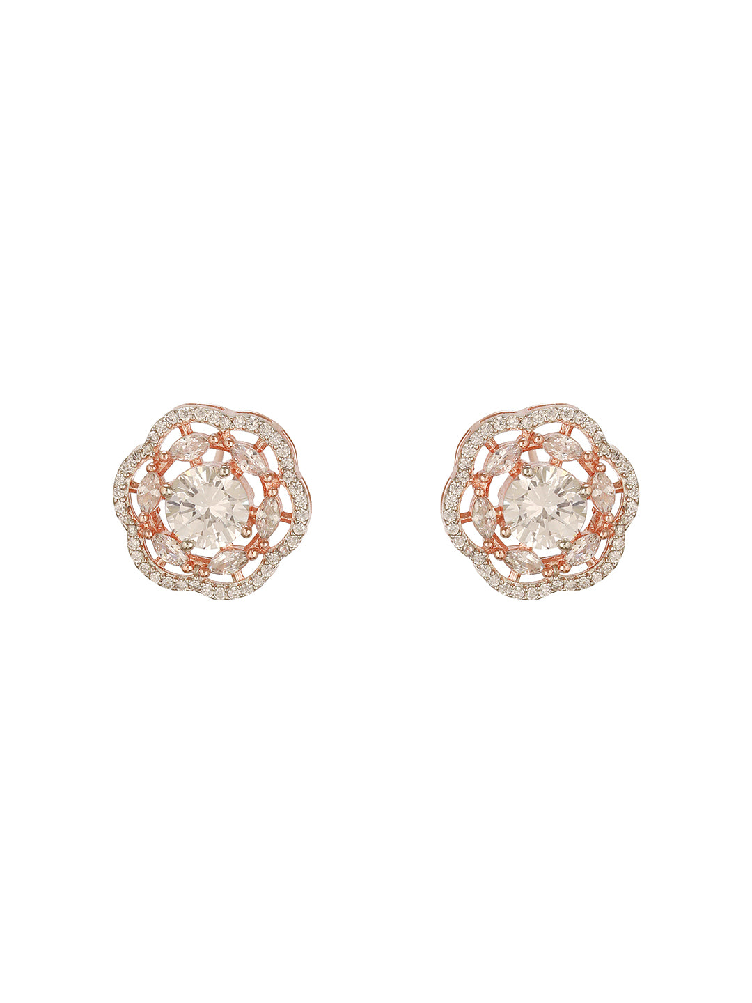 Rose Gold Polished White AD Studded  Floral Minimal Solitaire  Studds Earrings