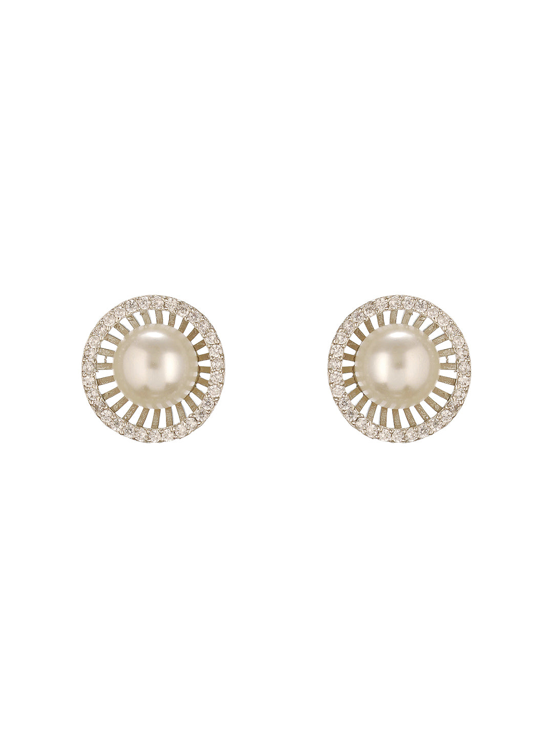 Silver Plated AD Studded Orbital  Pearl Minimal Studds Earrings