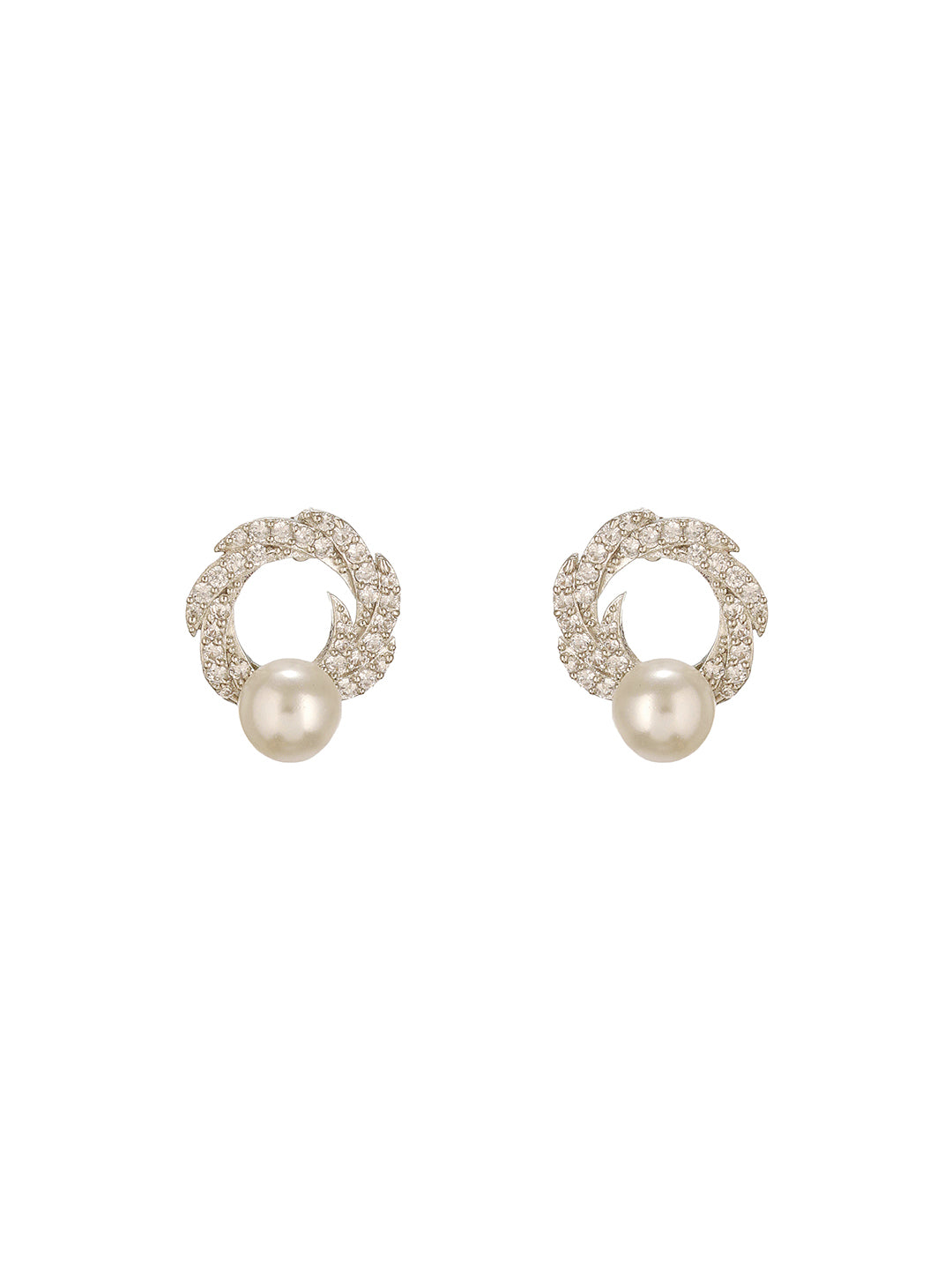 Silver Plated AD & Pearl Studded Floral Minimal  Contemporary Studds earrings