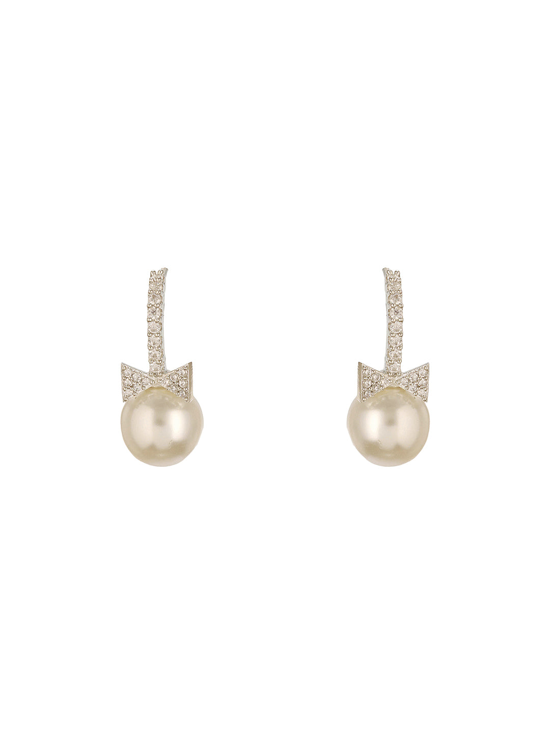 White Rhodium Plated AD  & Pearl Studded Bow Pearl Drop  Minimal earrings