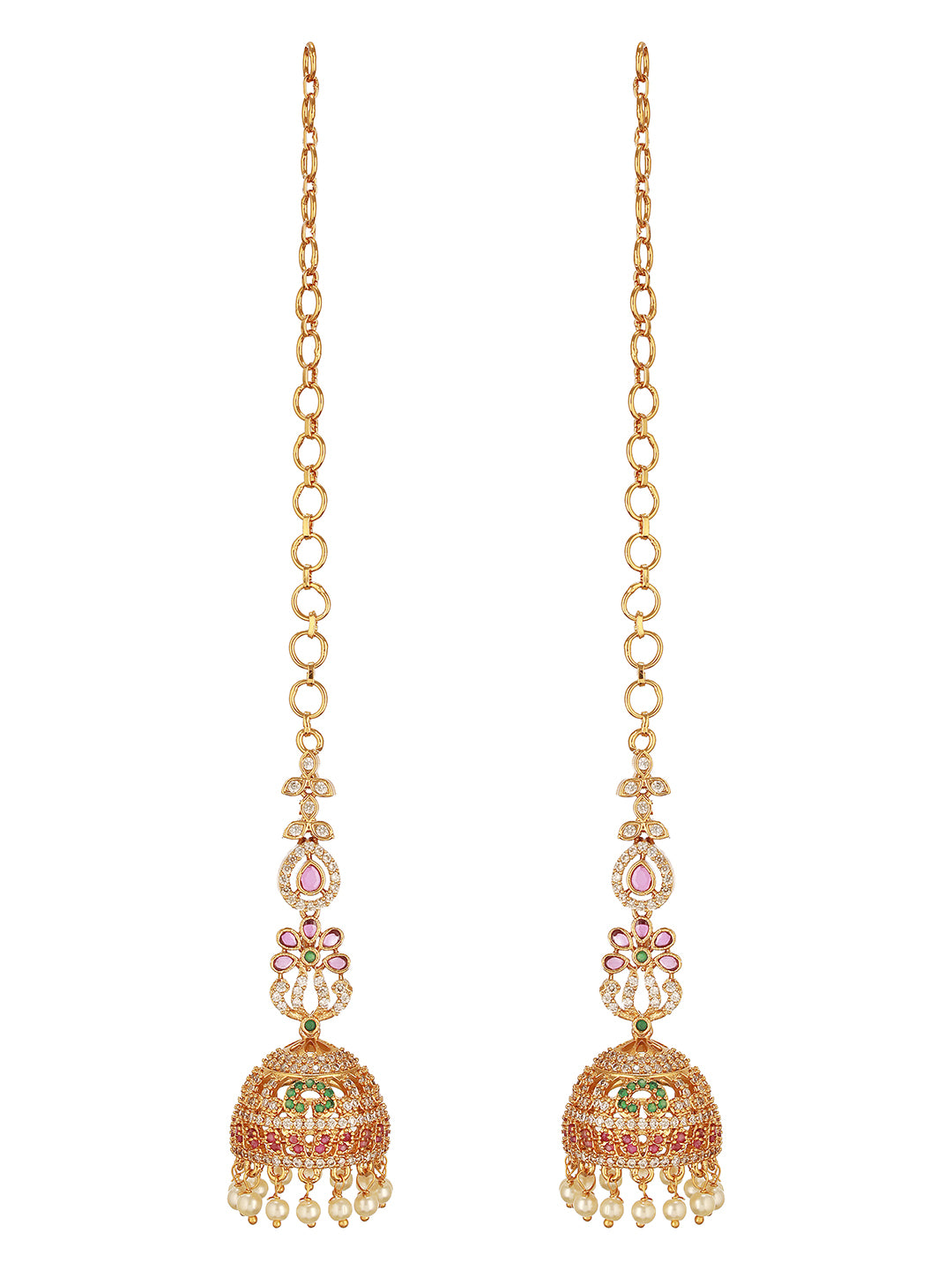 Gold Plated Zircon AD Studded Floral Bridal Matil Earchain  Earrings