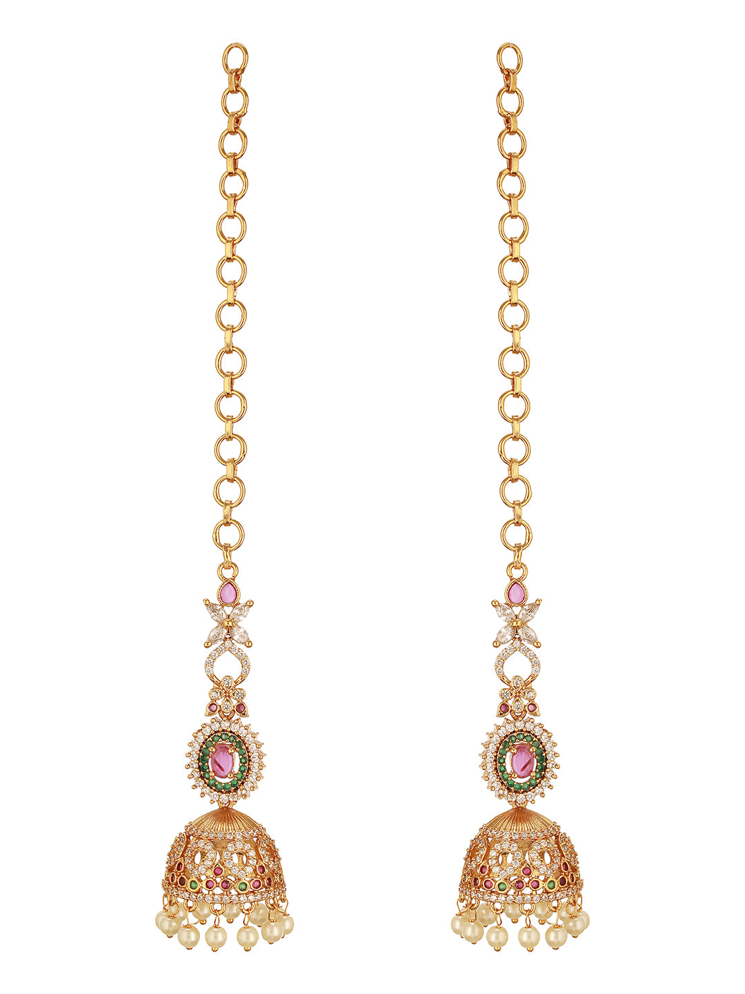 Antique Gold Plated Ruby Red Zircon AD Studded With Matil Earchain Earrings