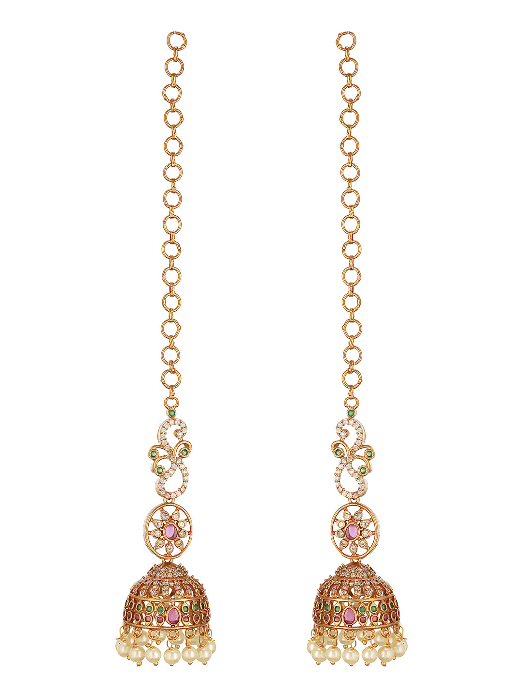 Gold Plated Zircon AD Studded  Red Floral Bridal Matil Earchain  Earrings