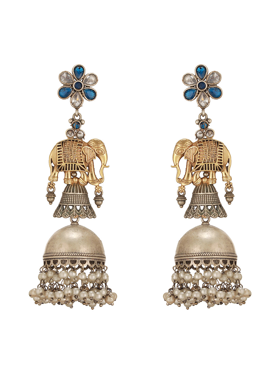 Oxidised Silver Toned Pearl Beaded Floral Elephant  Design Contemporary Dangler  Jhumka Earrings