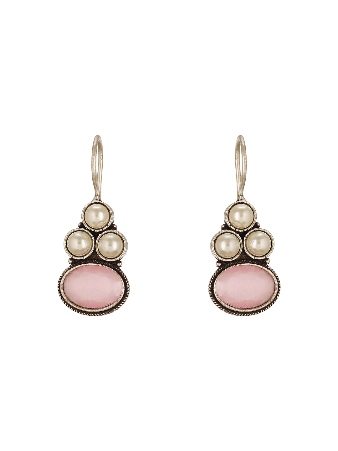 Oxidised Silver Toned Pink  Stone & Pearl Beaded Minimal Pendant Chain Jewellery Set