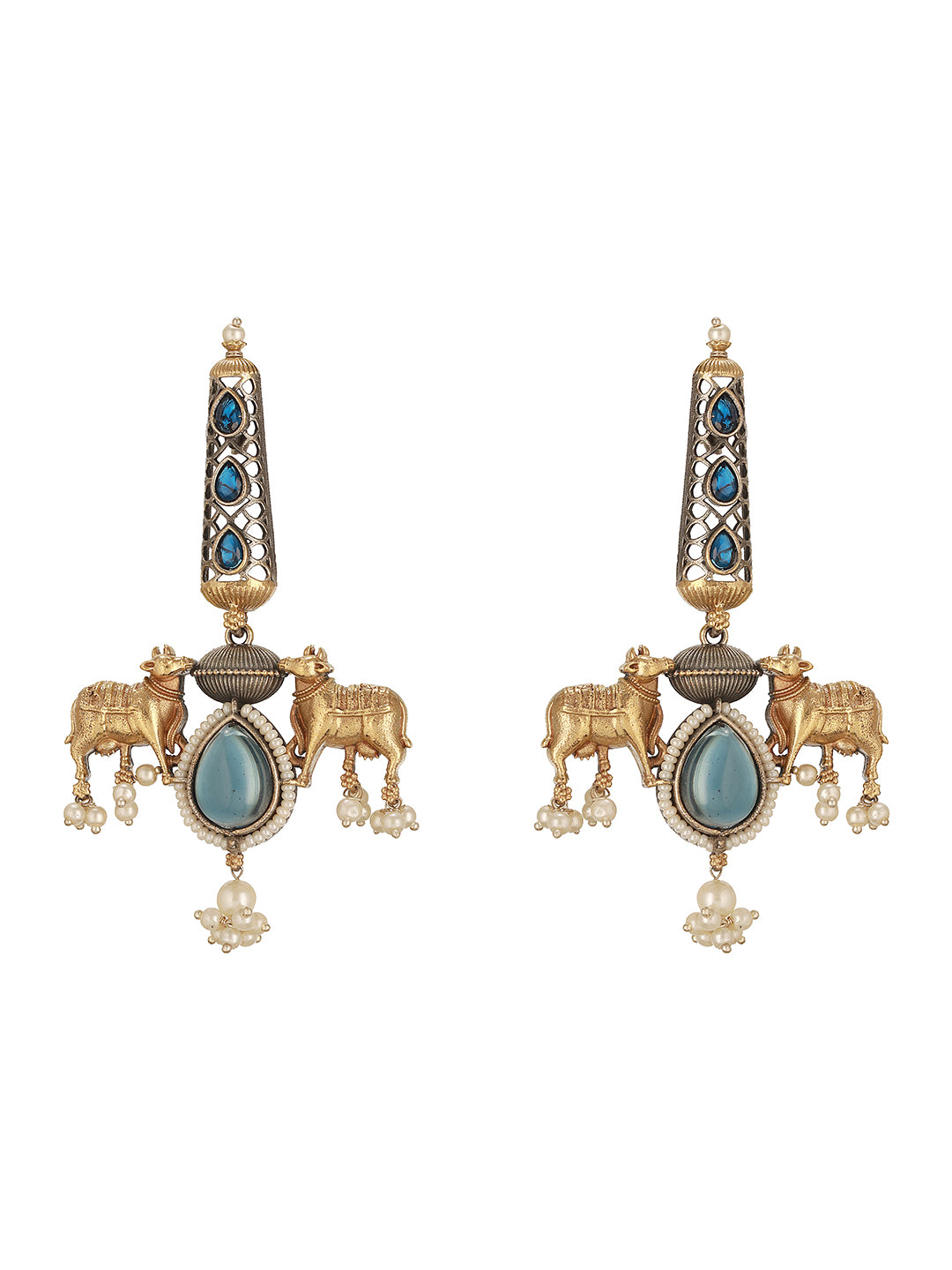 Oxidised Silver Plated Dual Plated Turquoise Blue Pearl Beaded Bull Motif  Contemporary Dangle  Earrings