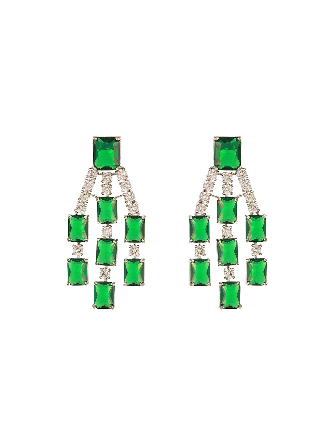 Silver Plated Emerald Green  AD Studded Layered Statement Necklace Jewellery Set
