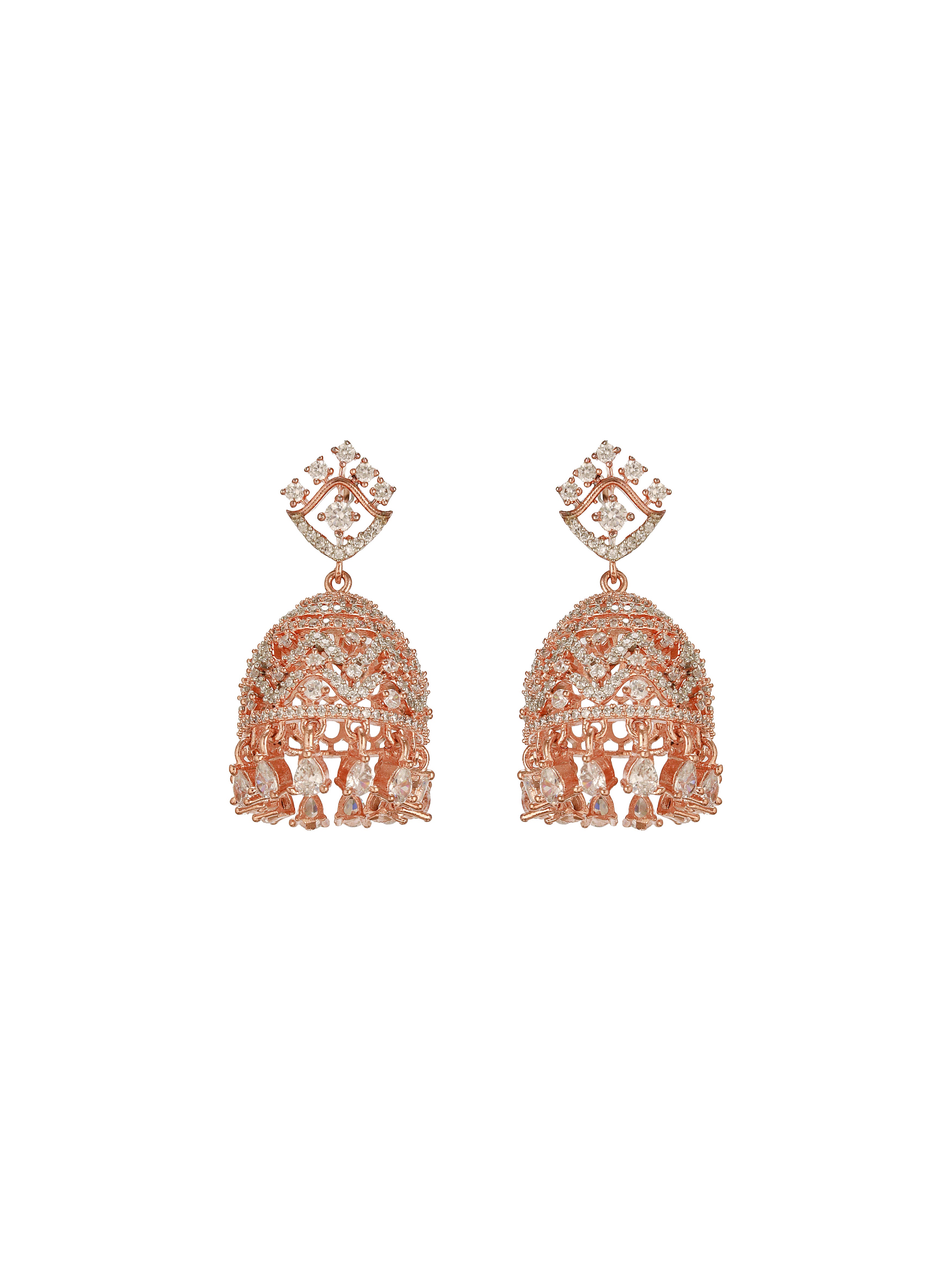 Rose Gold AD  Studded Statement Designer With  Classic Jhumka Earrings Necklace Jewellery Set