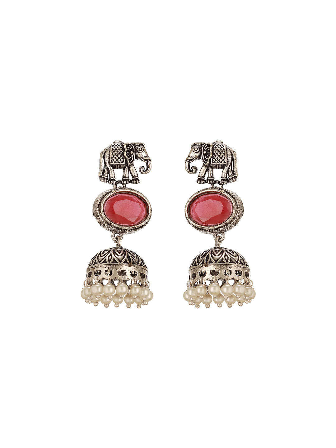 Oxidised Silver Toned Navratan Multicolored Elephant Motif Statement Choker Jewellery Set