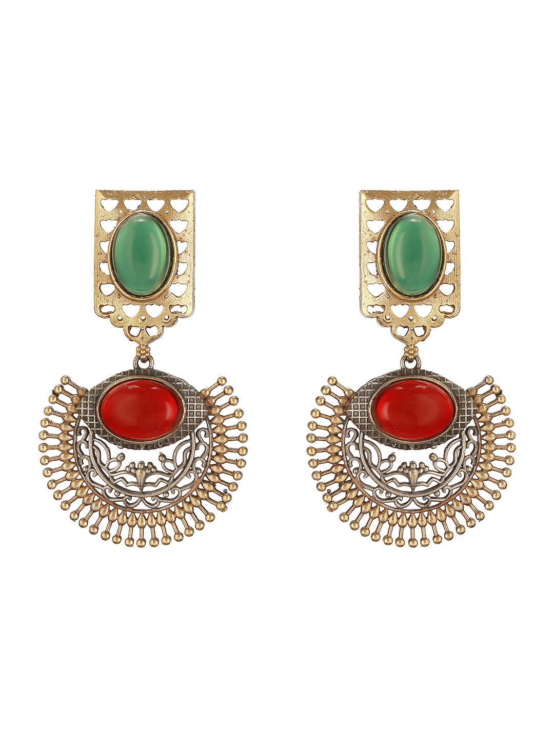 Antique Gold-Toned Dual Red & Green Stone  Engraved  Handcrafted Dangler  Earrings
